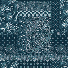 blue bandana paisley fabric patchwork abstract vector seamless pattern