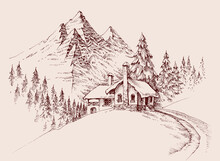Mountain Refuge Cabin. Winter Alpine Landscape Vector Hand Drawing