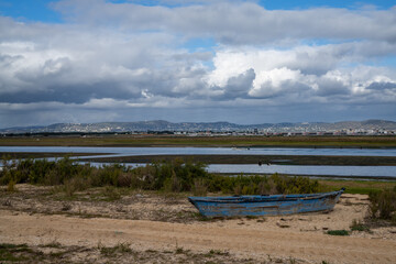 Poster - view of the Ria Formosa Natural Park and town of Faro in Portugal