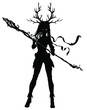 The silhouette of a young dryad with deer antlers on her head and a staff of Koreas in her hands, she has beautiful hair and a long scarf, she looks with disbelief. 2d illustration