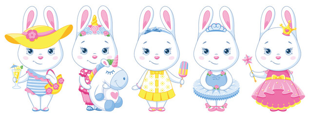 White rabbit paper doll characters set. Cartoon vector illustration