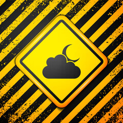 Black Cloud with moon icon isolated on yellow background. Cloudy night sign. Sleep dreams symbol. Night or bed time sign. Warning sign. Vector.