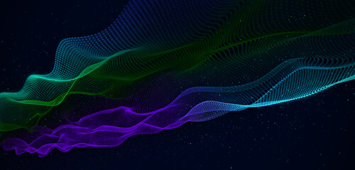 Leinwandbilder - Dynamic particles wave with dust. Blue, green and purple dots on black background. Digital landscape. 3d rendering. Big data visualization 3D. Futuristic backdrop for design, wallpaper.