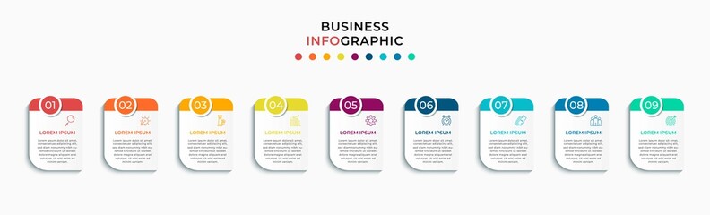 Wall Mural - Minimal Business Infographics template. Timeline with 9 nine steps, options and marketing icons .Vector linear infographic with two circle conected elements. Can be use for presentation. Eps10 vector