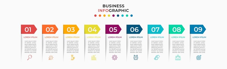 Minimal Business Infographics template. Timeline with 9 nine steps, options and marketing icons .Vector linear infographic with two circle conected elements. Can be use for presentation. Eps10 vector