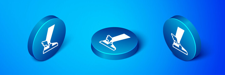 Poster - Isometric Hermes sandal icon isolated on blue background. Ancient greek god Hermes. Running shoe with wings. Blue circle button. Vector.