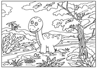 Canvas Print - Kids coloring page. Children drawing of a cute dinosaur. Landscape with a dinosaur. Activity page for book. Funny pencil paint. Education worksheet. Vector illustration.