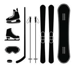 Wall Mural - Vector set bundle of black flat winter sport equipment isolated on white background