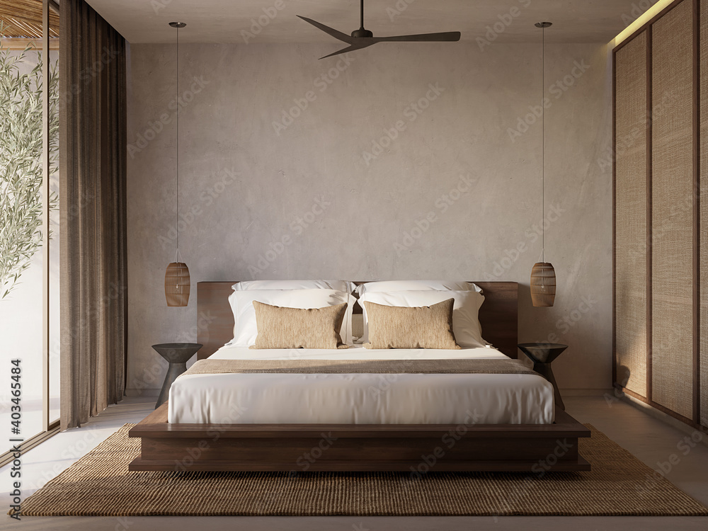 3d rendering of a Mykonos minimal cool luxurious hotel bedroom. Greek Aegean design style - obrazy, fototapety, plakaty 