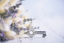 Delicate Postcard With Flowers, Lavender With Text Journey. With Copy Space