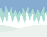 Fototapeta Las - Vector flat cartoon winter landscape with spruce trees forest isolated on white background