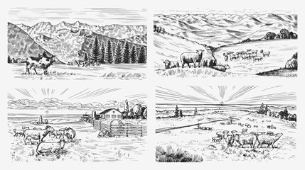 Leinwandbilder - Rural meadow set. A village landscape with sheep, hills and a farm. Sunny scenic country view. Hand drawn engraved sketch. Vintage rustic banner for wooden sign or badge or label.