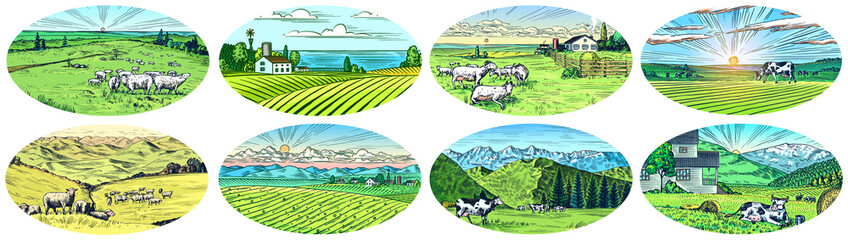 Leinwandbilder - Rural meadow set. A village landscape with cows, goats and lamb, hills and a farm. Sunny scenic country view. Hand drawn engraved sketch. Vintage rustic banner for wooden sign or badge or label.