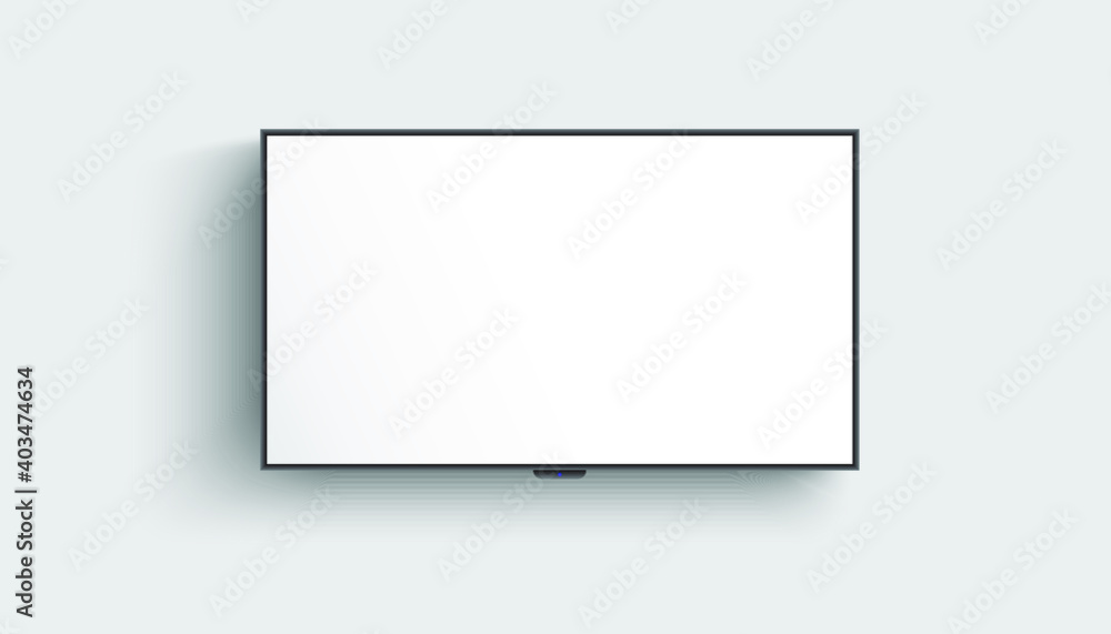 4K TV flat screen lcd or oled, plasma, realistic illustration, White blank monitor mockup. wide flatscreen monitor hanging on the wall - obrazy, fototapety, plakaty 