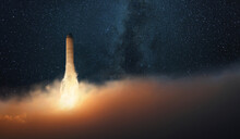 Successful Rocket Take Off Into The Starry Sky With The Milky Way. Space Mission Start. Spacecraft Launches And Lift Off