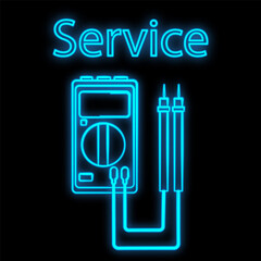 Bright luminous blue industrial digital neon sign for shop workshop service center beautiful shiny with electric tester on a black background and the inscription service. illustration