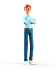 Wall Mural - 3D illustration of standing man with arms crossed. Portrait of cartoon smiling male character with eyeglasses.