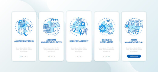 Asset management benefits onboarding mobile app page screen with concepts. Risks control, amortization rates walkthrough 5 steps graphic instructions. UI vector template with RGB color illustrations