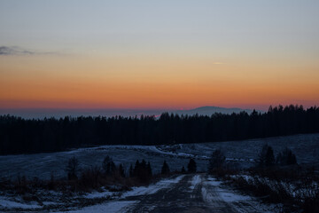 Wall Mural - Colorful sunset in cold winter forest