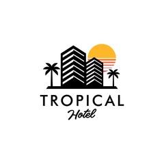 tropical hotel logo concept, apartment hotel building with palm tree and sun Vector Illustration