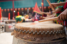People Drumming The Chinese Drums To Celebrate Lunar New Year