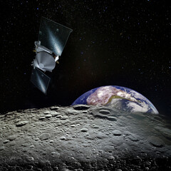 Wall Mural - earth rises above lunar horizon and spaceship. elements of this image furnished by nasa.