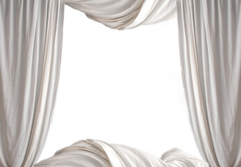 Luxury theatrical white curtain with a copy space in the middle isolated on white background, space for text modern design