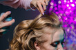 © Miramiska - Stylist makes girl's hair. Combing female hair. Hair care for woman. Stylist makes an evening hairstyle for model at photo shoot.