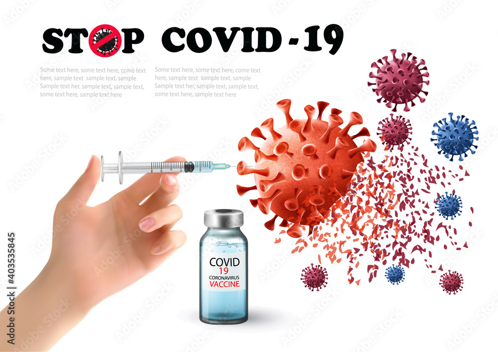 Hand holding syringe with vaccine destroying virus COVID - 19 molecule. Stop Coranavirus concept background. Vector illustration - obrazy, fototapety, plakaty 