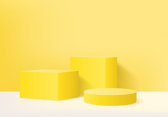 3d background products minimal podium scene with geometric platform. background vector 3d rendering with podium. stand to show cosmetic products. Stage showcase on pedestal modern studio yellow pastel