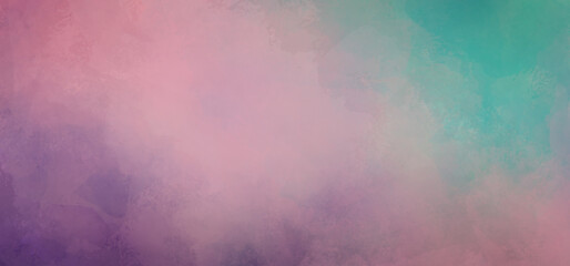 Purple pink and blue green digital watercolor background with paint brush texture blotches and soft cloudy texture design