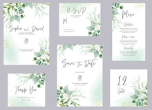 Watercolor Wedding Invitation Cards. Greenery Poster, Invite. Elegant Wedding Invitation With Watercolor Green And Gold Floral Elements.