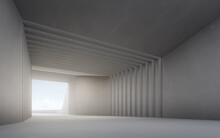 Abstract Interior Design 3D Rendering Of Modern Showroom. Empty Floor And Concrete Wall With Blue Sky Background.
