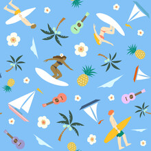 The Hidden Hawaii Surfing Girls And Boys Seamless Pattern For Surface Design, Wallpaper, Gift Wrap, Wrapping Paper, Ukulele, Tropical Theme, Sail Boats, Pineapple, Coconut Trees, Palm Trees, Beach