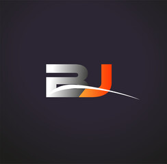 initial letter BJ logotype company name colored grey and orange swoosh design. isolated on black background.