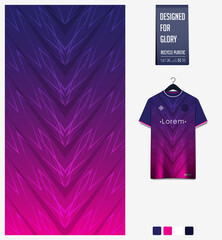 Fabric pattern design. Abstract pattern on blue violet gradient background for soccer jersey, football kit or sports uniform. T-shirt mockup template. Abstract sport background.