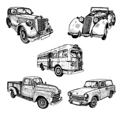 Set of the hand drawn vintage retro old timer cars and bus doodle sketch graphics monochrome vector tracing illustration on white background