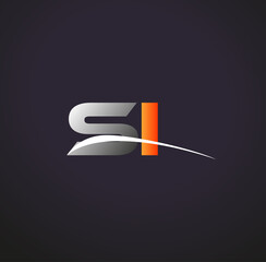 initial letter SI logotype company name colored grey and orange swoosh design. isolated on black background.