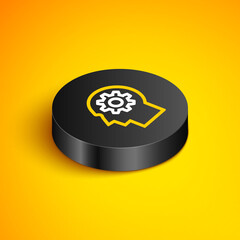 Canvas Print - Isometric line Human head with gear inside icon isolated on yellow background. Artificial intelligence. Thinking brain. Symbol work of brain. Black circle button. Vector.