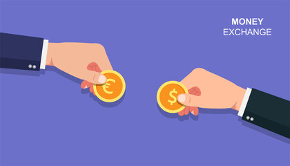 Wall Mural - Businessmen hands holding coin of euro and dollar concept. Money exchange vector illustration