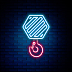 Poster - Glowing neon line Industrial hook icon isolated on brick wall background. Crane hook icon. Colorful outline concept. Vector.