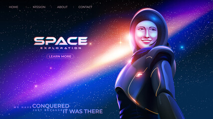 Wall Mural - the lady astronaut in a spacesuit is smiling with happiness with the background of the massive universe
