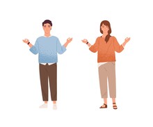 Man And Woman Meditating Trying To Keep Equanimity And Calmness Vector Flat Illustration. Calm Male And Female Characters Standing With Closed Eyes Demonstrate Balance And Concentration Isolated