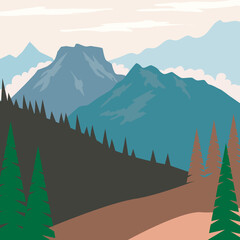 Wall Mural - Illustration of mountain landscape in flat style. Design element for poster, card, banner, sign. Vector illustration