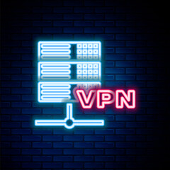 Wall Mural - Glowing neon line Server VPN icon isolated on brick wall background. Colorful outline concept. Vector.