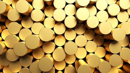 Round mosaic surface with random golden cylinders. Abstract geometric background. 3d rendering illustration.