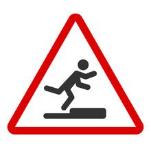 Stumbling Man Icon In Red Triangle. A Warning Sign About The Danger. Tripping Hazard. Watch Your Step Symbol. Isolated Vector Illustration On White Background