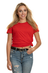 Portrait of a cute teenage girl in red tshirt over white