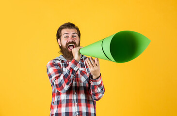 Human rights. ads for everyone. Promotion and information expansion to masses. mass media concept. make voice louder. bearded man shout in megaphone. man with paper loudspeaker. freedom of speech