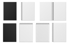 Open And Closed Notebook. Blank Realistic Spiral Binder Notepad Or Sketchbook. White Sheets, Checkered And Ruled Pages, Black Cover Top View, Office Stationery Mockup Vector Illustration